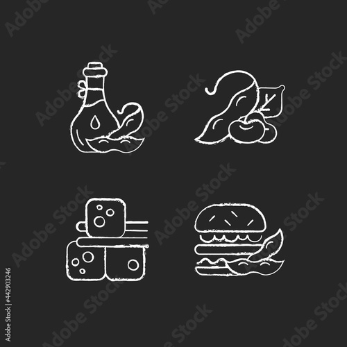 Soybeans cooking chalk white icons set on dark background. Healthy meals with organic ingredients. Vegeterin lifestyle. Tofu cubes preparation. Isolated vector chalkboard illustrations on black