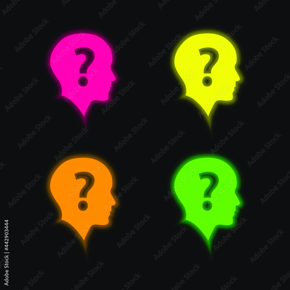 Bald Head With Question Mark four color glowing neon vector icon Bald Head With Question Mark four color glowing neon vector icon