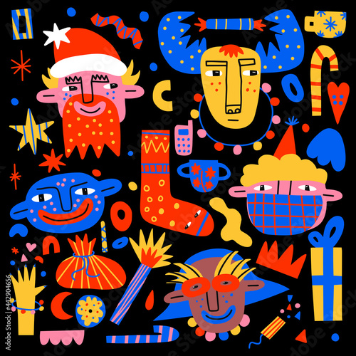 Christmas sticker bundle-deer,children,portraits,santa claus, abstract shapes,stars,sock.Hand drawn funny crazy style.Psychedelic patches for the new year.Colorful bizarre characters.Trippy trendy art