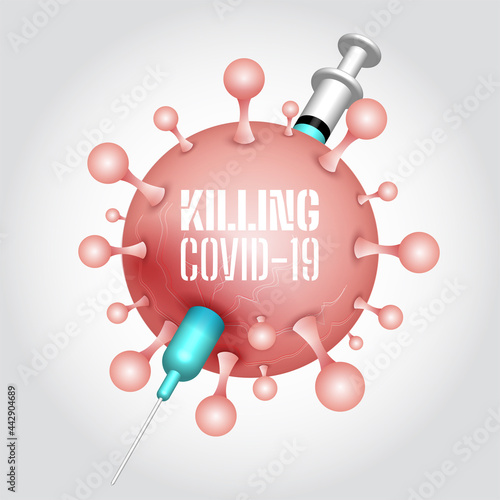 Syringe with vaccine kills coronavirus 3D illustration vector