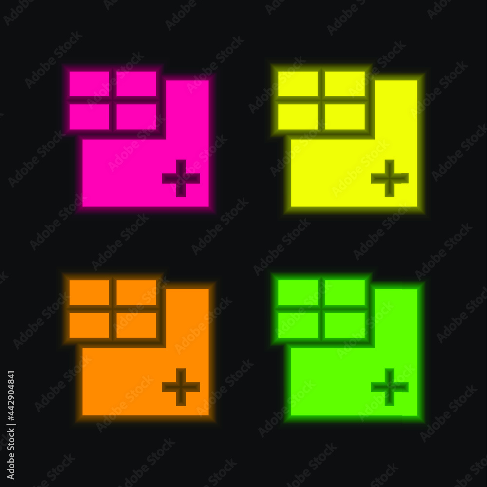 Obraz premium Add Window Grid Symbol four color glowing neon vector icon