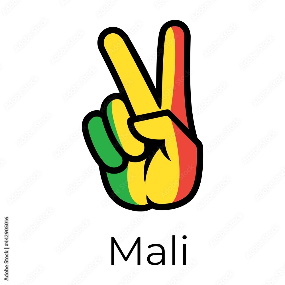Obraz premium Mali flag in the form of a peace sign. Gesture V victory sign, patriotic sign, icon for apps, websites, T-shirts, souvenirs, etc., isolated on white background