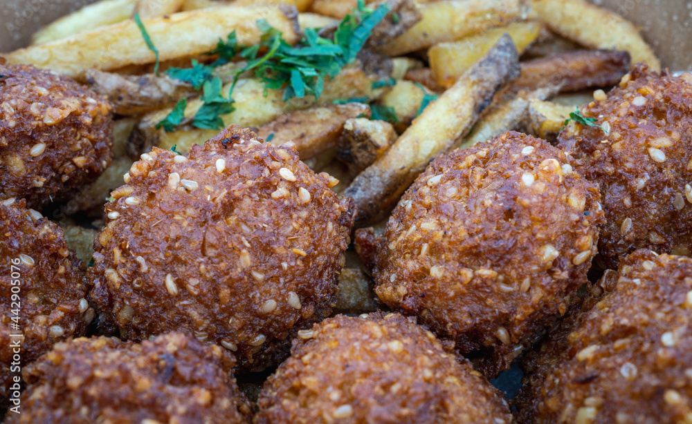 Falafel and french fries, close up