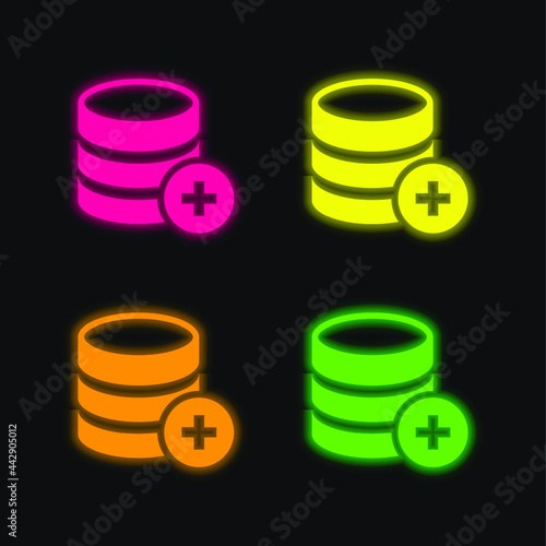 Add Database Button For Interface four color glowing neon vector icon