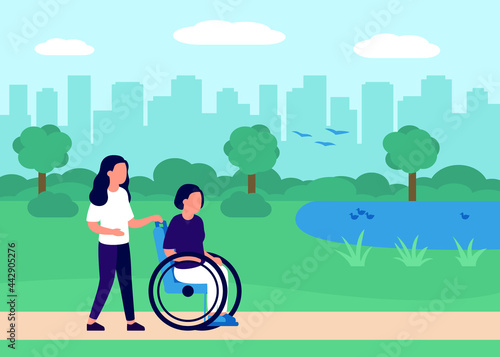 Disabled woman on wheelchair walk with help volunteer in city urban park. City park, recreation area with people performing leisure outdoors. Handicap rehabilitation. Vector illustration