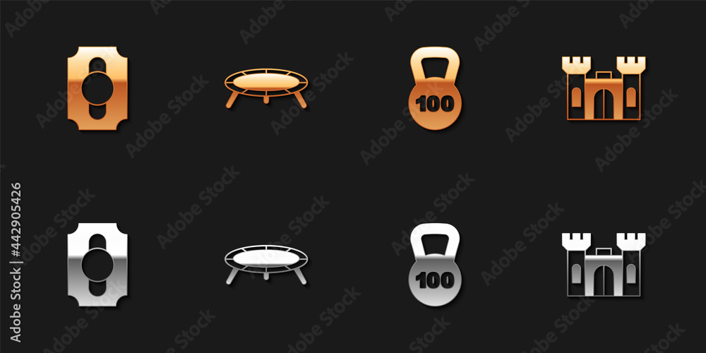 Set Circus ticket, Jumping trampoline, Weight and Castle icon. Vector Set Circus ticket, Jumping trampoline, Weight and Castle icon. Vector