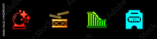 Set Magic ball, Drum with drum sticks, Roller coaster and Circus ticket icon. Vector