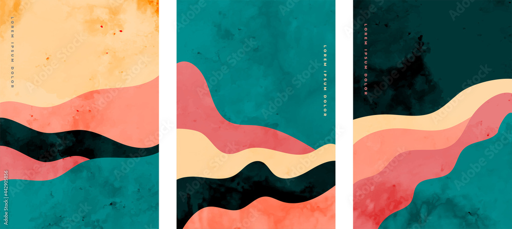 hand painted abstract minimal curve lines flyer background set - obrazy, fototapety, plakaty 