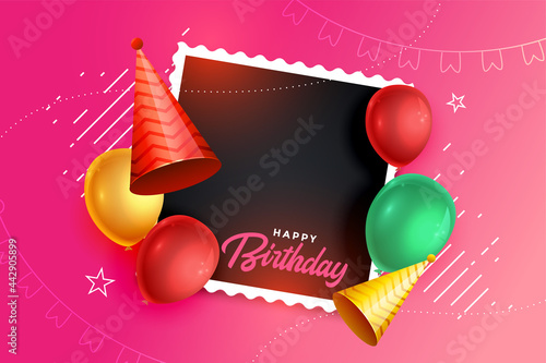 happy birthday background with balloons cap and photo frame