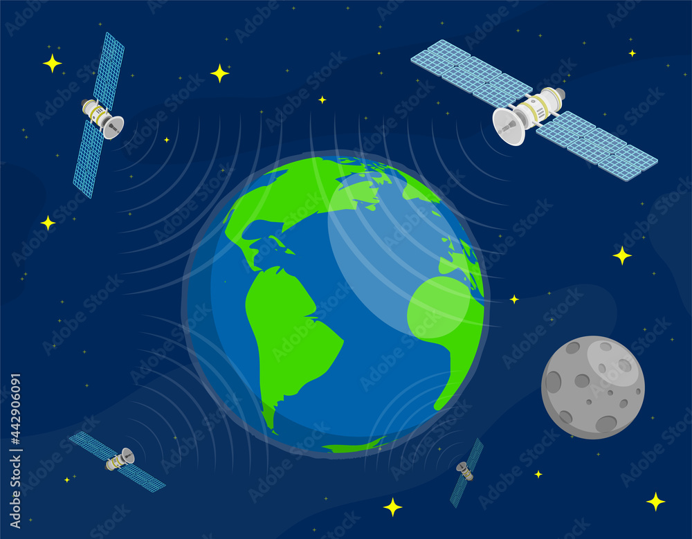 Satellites fly in orbit around planet Earth in space and transmit communication signal. Satellite communication and GPS navigation. Cartoon vector Satellites fly in orbit around planet Earth in space and transmit communication signal. Satellite communication and GPS navigation. Cartoon vector