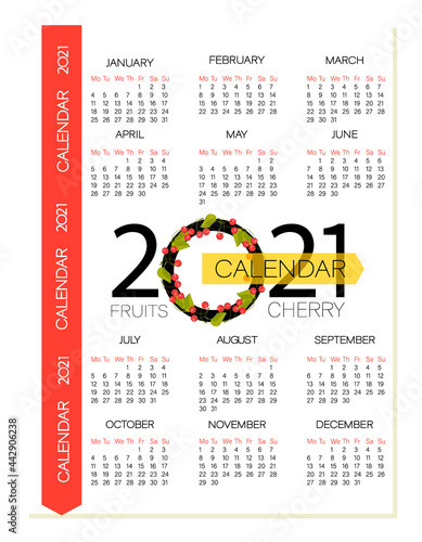 Cherry berry calendar 2021. Planning. Design for weekly planning, calendar and organizer with fruits. Page. Planner diary in a minimalist style. Vector illustration. 