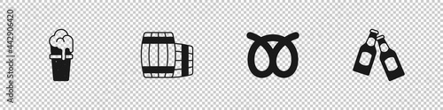 Set Glass of beer, Wooden barrel, Pretzel and Beer bottle icon. Vector