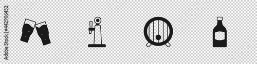 Set Glass of beer, Beer tap, Wooden barrel and bottle icon. Vector
