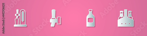 Set paper cut Beer tap with glass, , bottle and Pack of beer bottles icon. Paper art style. Vector