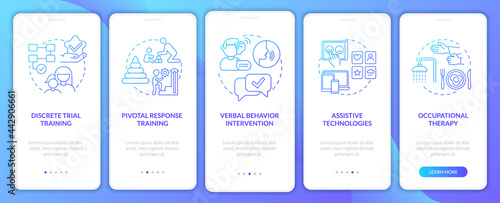 Therapy for autism onboarding mobile app page screen. Pivotal response training walkthrough 5 steps graphic instructions with concepts. UI, UX, GUI vector template with linear color illustrations