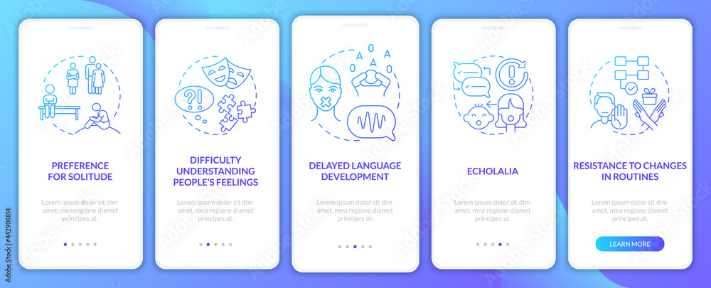 Aspergers signs onboarding mobile app page screen. Difficulty understanding feelings walkthrough 5 steps graphic instructions with concepts. UI, UX, GUI vector template with linear color illustrations