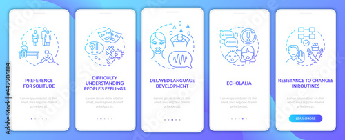 Aspergers signs onboarding mobile app page screen. Difficulty understanding feelings walkthrough 5 steps graphic instructions with concepts. UI, UX, GUI vector template with linear color illustrations