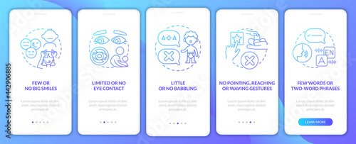 Aspergers signs in kids onboarding mobile app page screen. Limited eye contact walkthrough 5 steps graphic instructions with concepts. UI, UX, GUI vector template with linear color illustrations