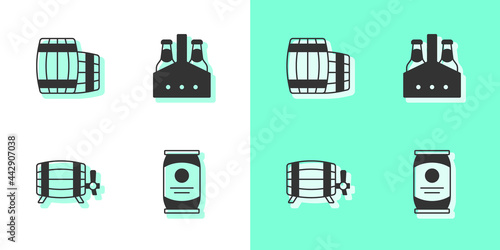 Set Beer can, Wooden barrel, and Pack of beer bottles icon. Vector