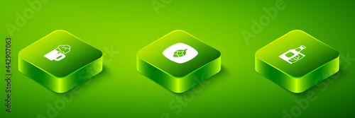 Set Isometric Hop, Beer bottle and beer can and Wooden mug icon. Vector