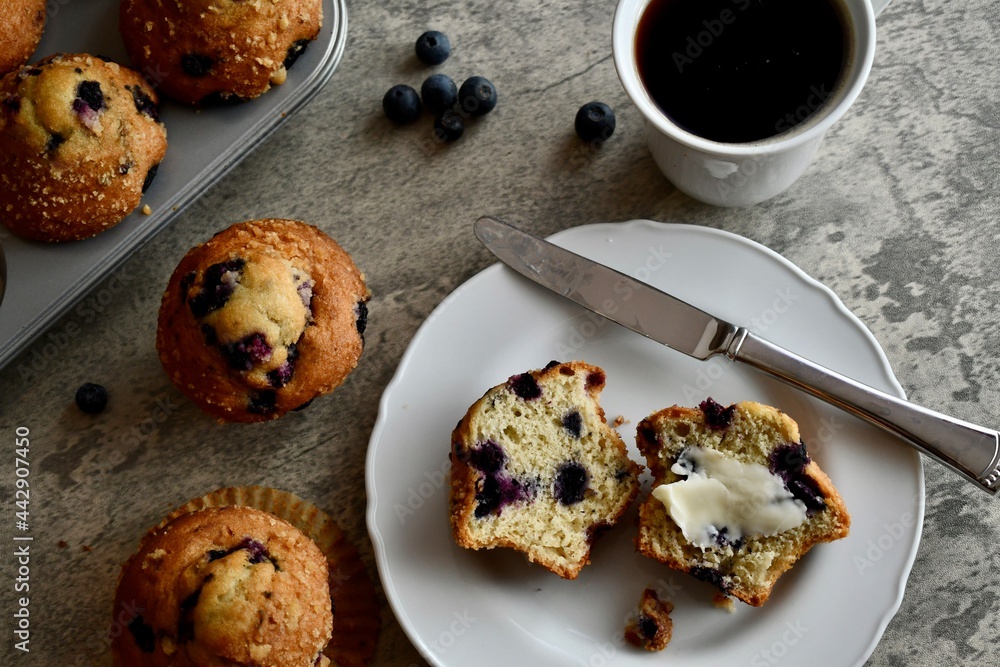 Blueberry muffins and coffee for breakfast Blueberry muffins and coffee for breakfast