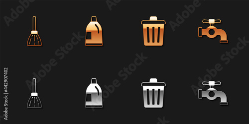 Set Handle broom, Bottle for cleaning agent, Trash can and Water tap icon. Vector