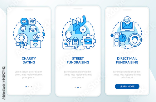 Fundraiser appeal for funds onboarding mobile app page screen. Street fundraising walkthrough 3 steps graphic instructions with concepts. UI, UX, GUI vector template with linear color illustrations