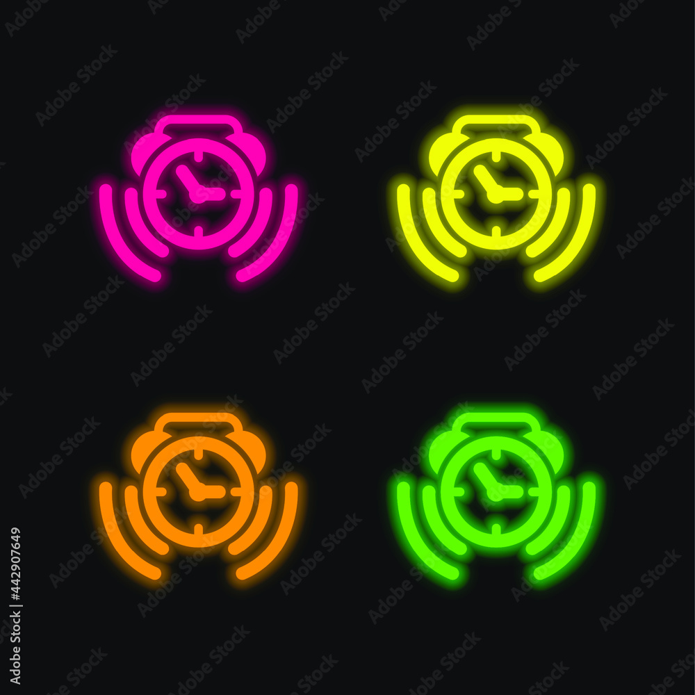 Alarm Clock Ringing Symbol four color glowing neon vector icon
