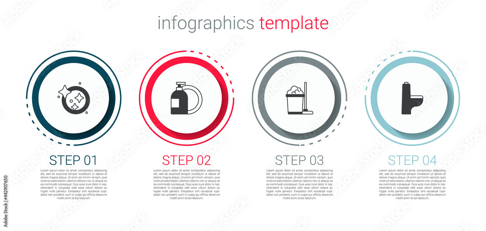 Set Washing dishes, Dishwashing liquid bottle, Mop and bucket and Toilet bowl. Business infographic template. Vector Set Washing dishes, Dishwashing liquid bottle, Mop and bucket and Toilet bowl. Business infographic template. Vector