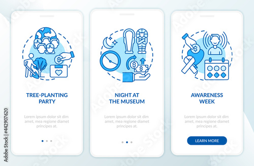 Gathering money campaign ideas onboarding mobile app page screen. Night at museum walkthrough 3 steps graphic instructions with concepts. UI, UX, GUI vector template with linear color illustrations