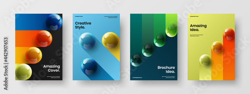 Multicolored 3D spheres company brochure illustration composition. Abstract placard A4 design vector layout bundle.