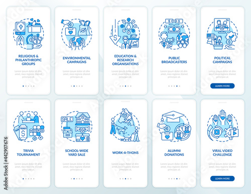 Charitable investments onboarding mobile app page screens set. Philanthropic event walkthrough 5 steps graphic instructions with concepts. UI, UX, GUI vector template with linear color illustrations