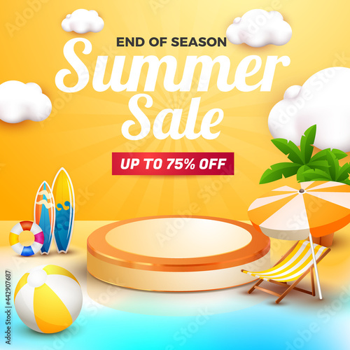 summer sale banner for social media flyer with 3d orange podium beach element cartoon style beach chair rubber swim and surfing board