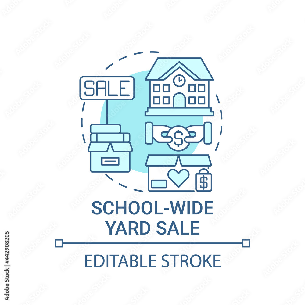 School-wide yard sale concept icon. Fundraising appeal abstract idea thin line illustration. Organizing rummage sale in open-air playground. Vector isolated outline color drawing. Editable stroke