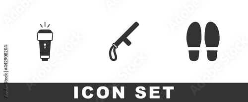 Set Flashlight, Police rubber baton and Footsteps icon. Vector
