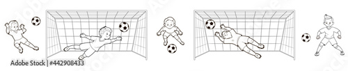 Coloring book young soccer player goalkeeper catches a soccer ball in flight against the background of a soccer goal.Vector,in cartoon style, black and white line art, outline,set of isolated shapes