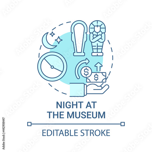 Night at museum fundraiser concept icon. Fundraising campaign abstract idea thin line illustration. Find new potential patrons. Cultural event. Vector isolated outline color drawing. Editable stroke