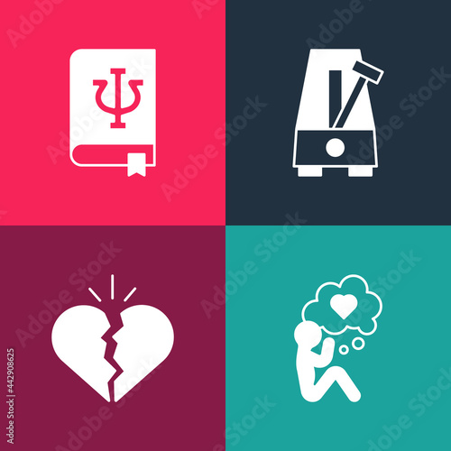 Set pop art Head with heart, Broken or divorce, Metronome pendulum and Psychology book, Psi icon. Vector