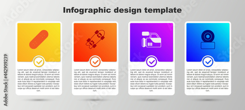 Set Skateboard, Longboard or skateboard, Cinema camera and wheel. Business infographic template. Vector