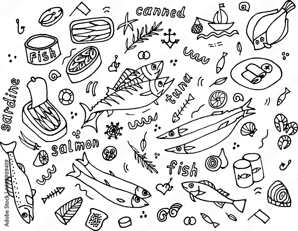 Doodle vector illustration of seafood