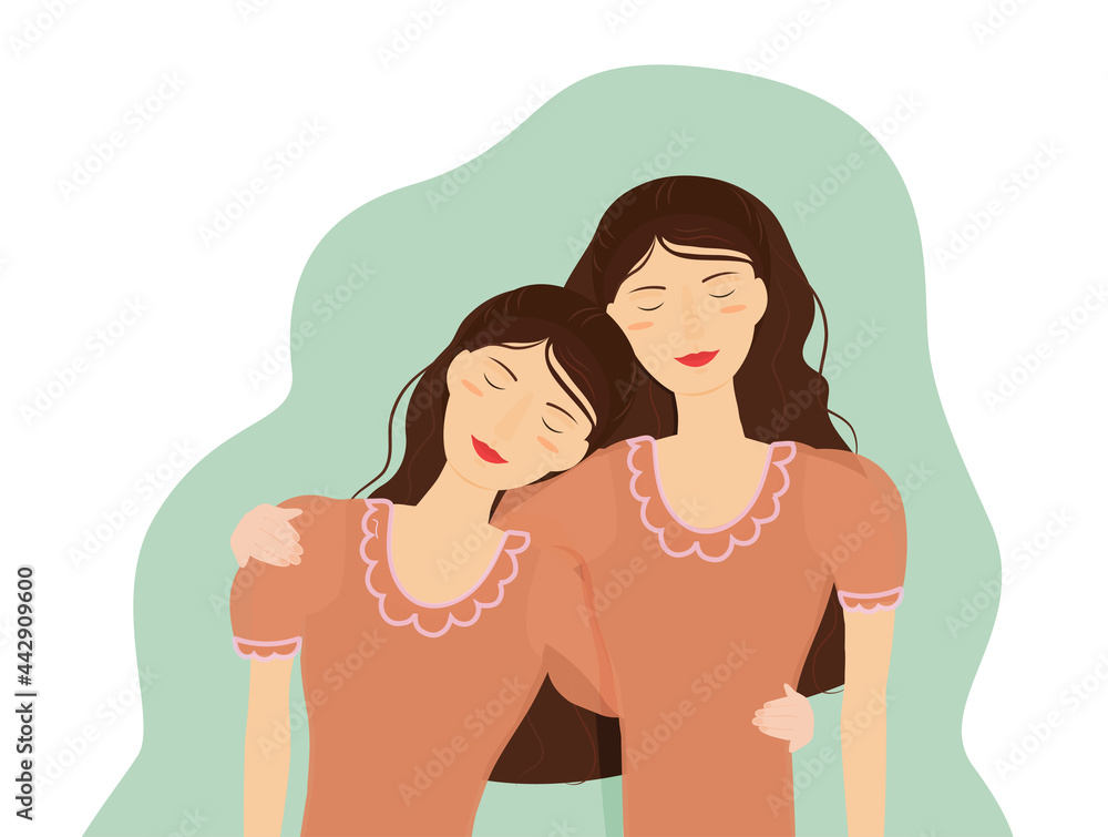 Vector illustration of two young women with the same appearance or twins hugging each other. Concept of self-care and support oneself. Isolated on a transparent background.