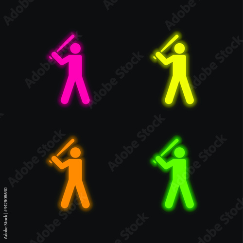 Baseball Player four color glowing neon vector icon