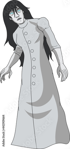 A white lady, a type of female ghost, typically dressed in a white dress or similar garment, reportedly seen in rural areas and associated with local legends of tragedy. Cartoon style drawing.