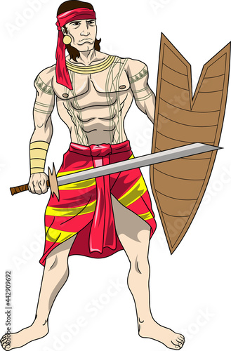 A Visayan warrior or a Timawa. The feudal warrior class of the ancient Visayan societies of the Philippines. Cartoon style drawing.