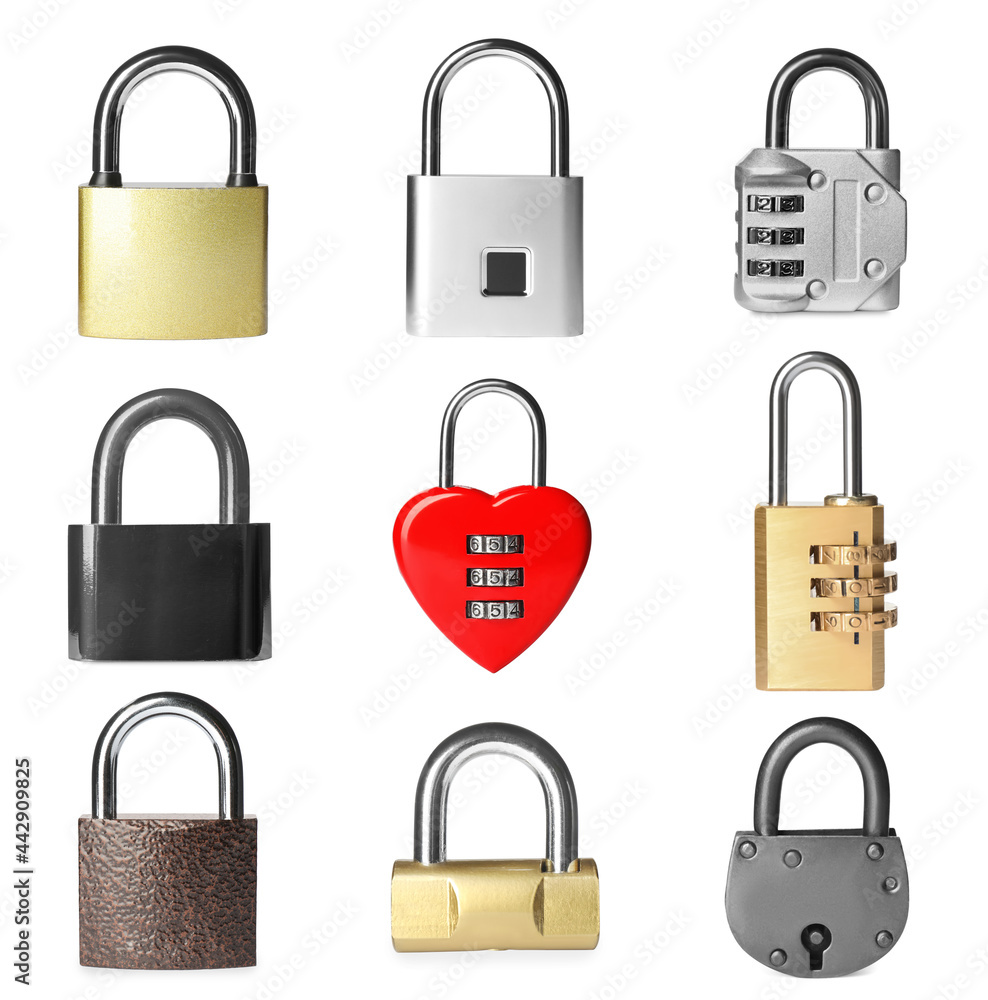Set with different metal padlocks on white background Set with different metal padlocks on white background