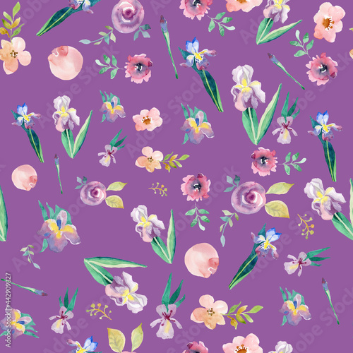 Watercolor irises and roses on a purple background seamless pattern for fabric wrapping paper wallpaper