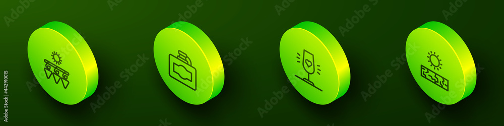 Set Isometric line Drying grapes, Cardboard box of wine, Wine glass and Drought icon. Vector Set Isometric line Drying grapes, Cardboard box of wine, Wine glass and Drought icon. Vector