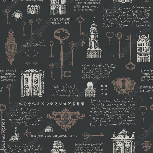 Hand-drawn seamless pattern with old buildings, vintage keys and keyholes black backdrop. Repeating vector background with drawings and handwritten text lorem ipsum. Wallpaper, wrapping paper, fabric