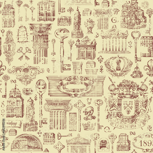 Hand-drawn seamless pattern on a theme of ancient architecture and art. Abstract vector background in grunge style with vintage buildings, architectural elements, coat of arms and old keys on a beige