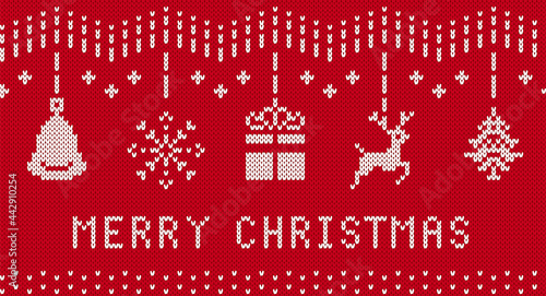 Christmas knit pattern. Red border with reindeer, gift box, tree, snowflake and bell. Knitted seamless texture. Xmas festive background. Holiday fair isle traditional print. Vector illustration.